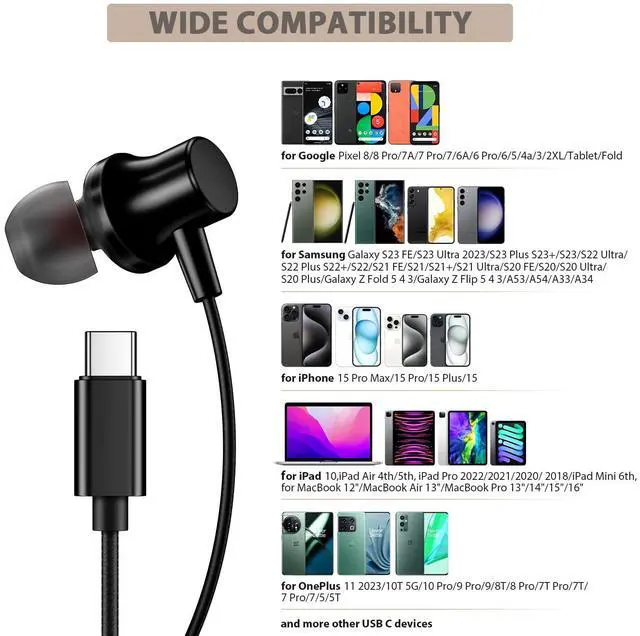 Alt view image 2 of 5 - USB C Headphones for Samsung S25 Ultra S24 S23 Fe, Type C Earphones with Microphone for iPhone 16 15 Pro Max Plus HiFi Stereo Magnet Case in Ear Wired Earbuds for Galaxy S24+ S22 Flip 5 Pixel 9 8 7