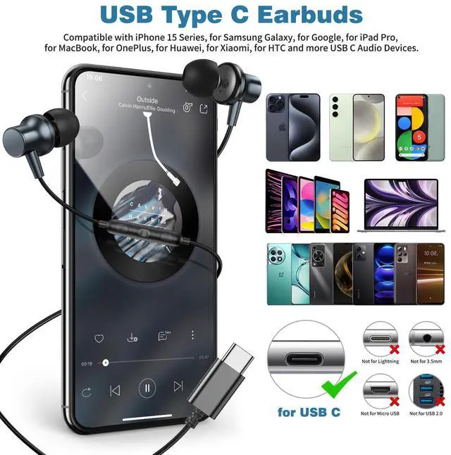 Alt view image 2 of 5 - COOYA USB C Headphone Type C Wired Earbuds for iPhone 16 Pro Max 16e 15 iPad 10 Pixel 9 8 Magnetic Bass Noise Canceling in-Ear Earphones+Mic for Samsung Galaxy S25 Ultra A16 A56 S23 A35 S22 OnePlus 13