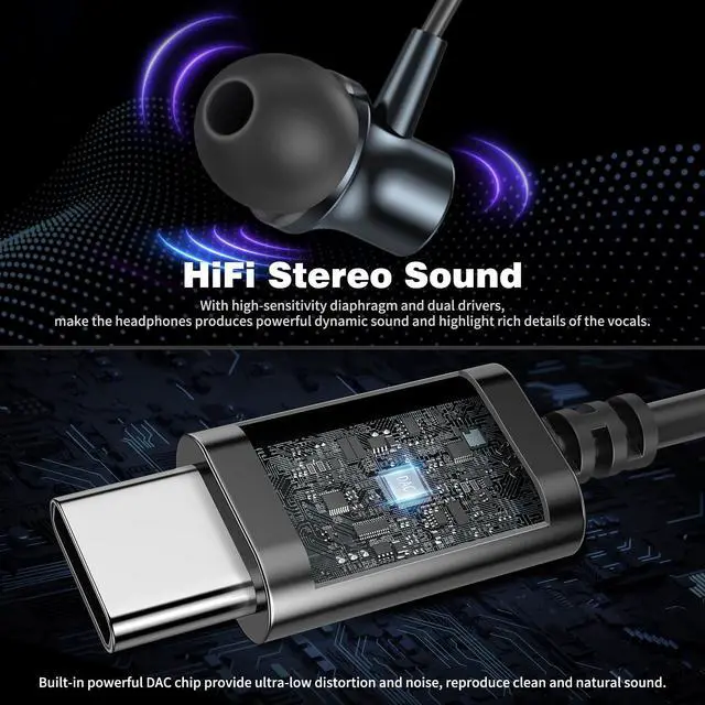 Alt view image 3 of 5 - COOYA USB C Headphone Type C Wired Earbuds for iPhone 16 Pro Max 16e 15 iPad 10 Pixel 9 8 Magnetic Bass Noise Canceling in-Ear Earphones+Mic for Samsung Galaxy S25 Ultra A16 A56 S23 A35 S22 OnePlus 13