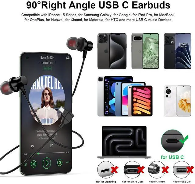 Alt view image 2 of 5 - COOYA USB C Headphones for Samsung Galaxy S25 Ultra S24+ A16 A56 A35 Type C Wired Earbuds Magnetic Bass Noise Canceling Right Angle In-Ear Earphone with Mic for iPhone 16 Pro 16e 15 iPad 11 Pixel 9 8a