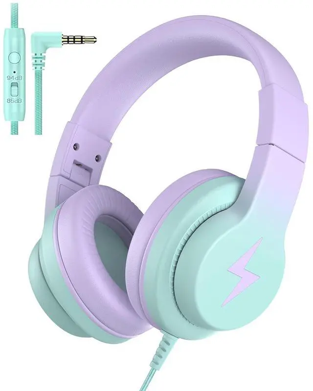 Main image of Candy Bila Kids Headphones, Wired Headphones for Kids Over Ear with Microphone, 85/94dB Volume Limiter Headphone for Girls Boys, Foldable Headphone for Learning & Entertainment,Gradient Purple