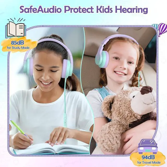 Alt view image 2 of 5 - Candy Bila Kids Headphones, Wired Headphones for Kids Over Ear with Microphone, 85/94dB Volume Limiter Headphone for Girls Boys, Foldable Headphone for Learning & Entertainment,Gradient Purple