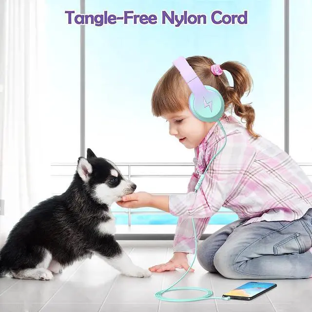 Alt view image 3 of 5 - Candy Bila Kids Headphones, Wired Headphones for Kids Over Ear with Microphone, 85/94dB Volume Limiter Headphone for Girls Boys, Foldable Headphone for Learning & Entertainment,Gradient Purple