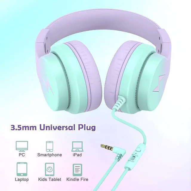 Alt view image 4 of 5 - Candy Bila Kids Headphones, Wired Headphones for Kids Over Ear with Microphone, 85/94dB Volume Limiter Headphone for Girls Boys, Foldable Headphone for Learning & Entertainment,Gradient Purple