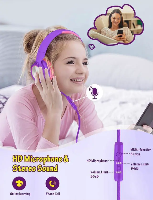 Alt view image 2 of 5 - Voopwink Kids Headphones with Microphone, Wired Over Ear Headsets with Limited Volume 85dB/ 94dB for Boys Girls Teens Children Online School/Travel/iPad/Tablet/Cellphone
