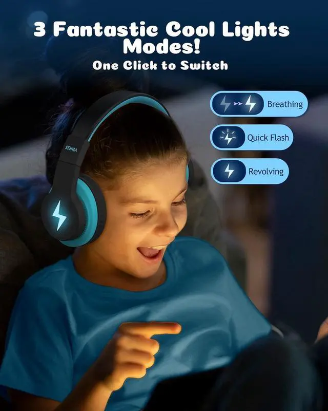 Alt view image 4 of 5 - seenda Kids Bluetooth Headphones Boys, Kids Wireless Headphones with 85/94dB Volume Limited, 45H Playtime, 3 Lighting Modes, Built-in Mic, Over Ear Headset with Aux Cord for iPad/Tablet/Travel/School