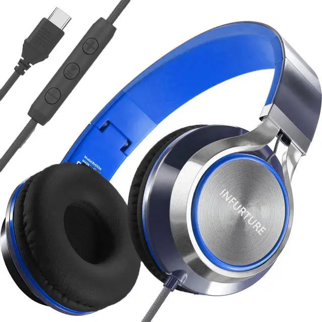 Main image of INFURTURE USB C(Type C) Wired Headphones with Mic & Volume Control, Only 191g Lightweight Foldable for Smartphone/Tablet, Plug-in Corded Headphone Over Ear (Blue