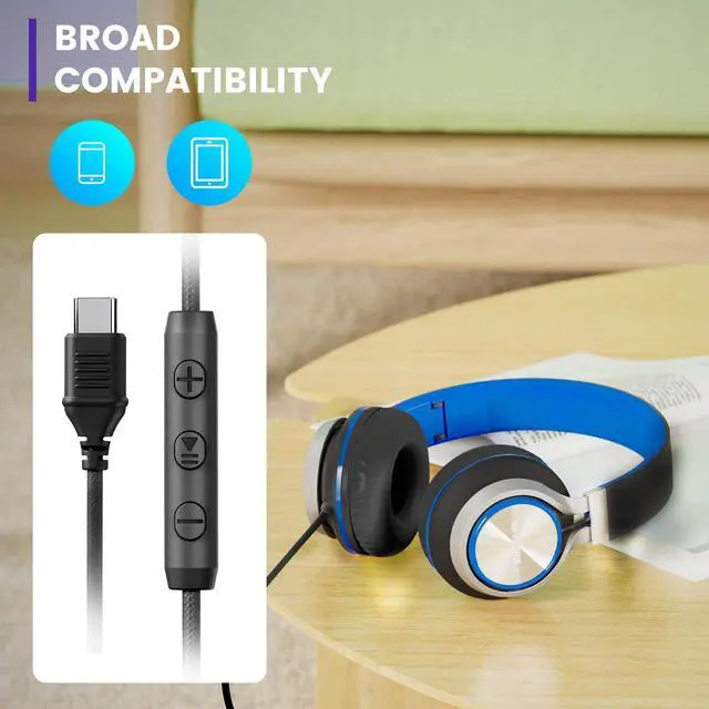 Alt view image 3 of 5 - INFURTURE USB C(Type C) Wired Headphones with Mic & Volume Control, Only 191g Lightweight Foldable for Smartphone/Tablet, Plug-in Corded Headphone Over Ear (Blue
