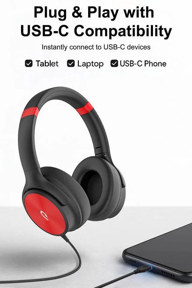 Alt view image 4 of 5 - ADOOPE USB C Wired Over-Ear Headphones with Mic, Hi-Fi Stereo Sound, Noise-Isolating Ear Cups, Comfortable Fit for iPhone15/16, Samsung Galaxy S24/S23, Type-C Phones & Tablets (Pink)