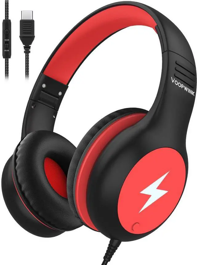 Main image of Voopwink Kids Headphones Wired with Microphone, USB-C, Over Ear, Black-Red, KH3-R