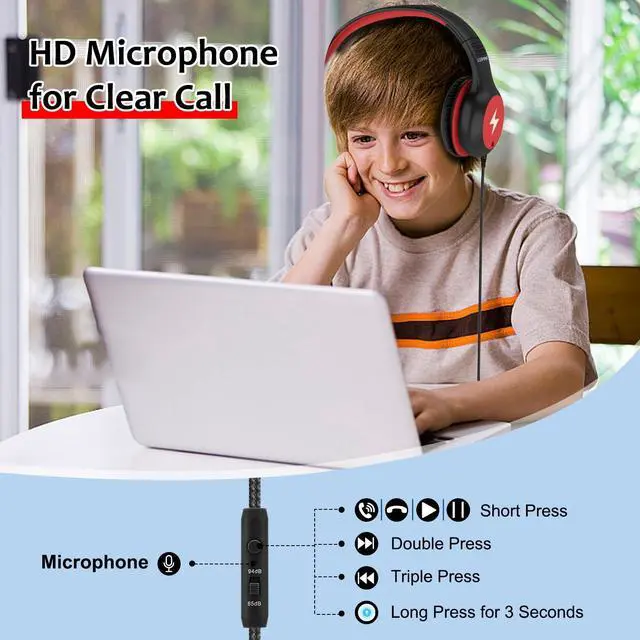 Alt view image 2 of 5 - Voopwink Kids Headphones Wired with Microphone, USB-C, Over Ear, Black-Red, KH3-R