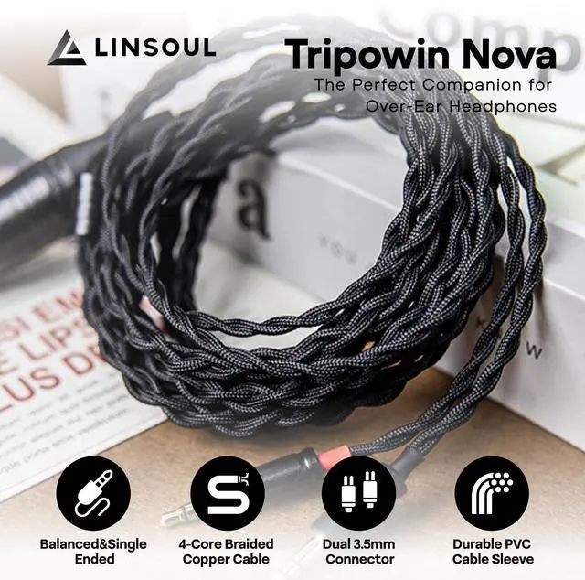 Alt view image 2 of 5 - Linsoul Tripowin Nova Monitor Headphone Cable, Over-Ear Headphone Wire, 4-Strand Silver Foil/OCC Hybrid Upgrade Cable, 2M, Dual 3.5mm to 4.4mm/3.5mm/XLR Plug, for Musicians Audiophiles (4.4mm, Black)