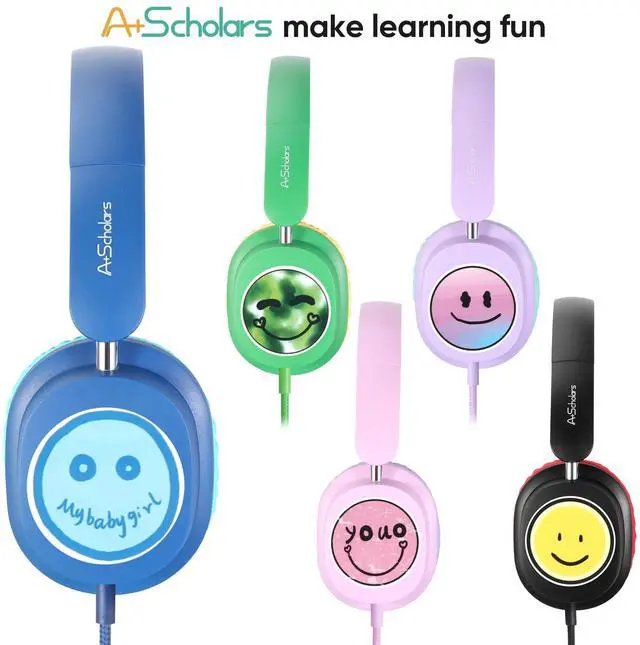 Alt view image 2 of 5 - A+ Scholars Kids Headphones for School Bulk Set 5-Pack Over-Ear, Foldable, 3.5mm Jack, Wired Earphones for Classroom, Library, Airplane, for Online Learning and Travel (Colorful)