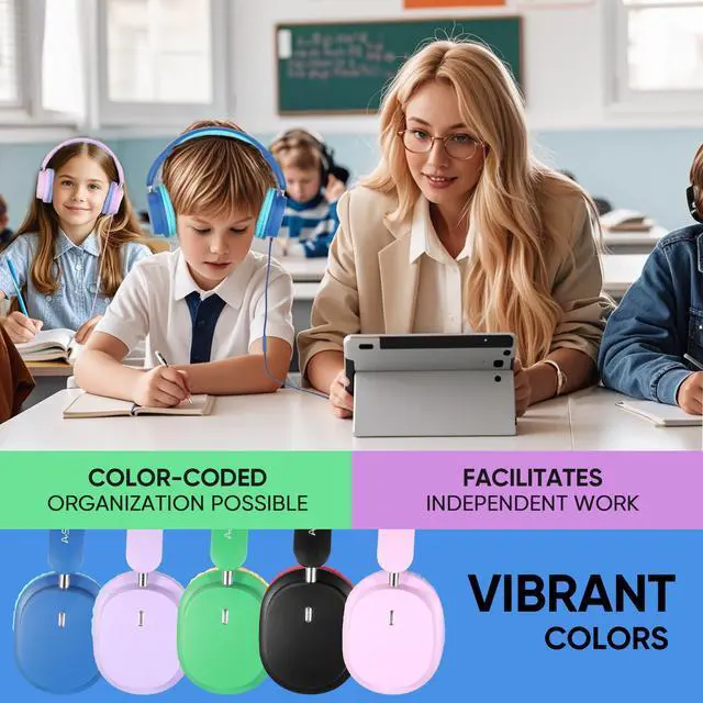 Alt view image 4 of 5 - A+ Scholars Kids Headphones for School Bulk Set 5-Pack Over-Ear, Foldable, 3.5mm Jack, Wired Earphones for Classroom, Library, Airplane, for Online Learning and Travel (Colorful)