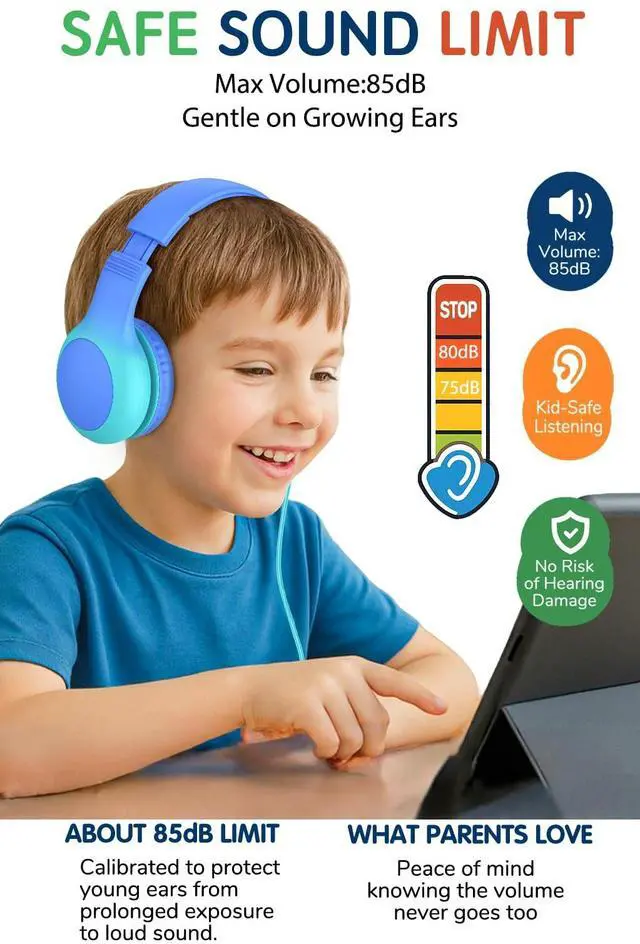 Alt view image 2 of 5 - ADOOPE Wired Kids Headphones with USB C Plug, 85dB Volume Limiting Safe Hearing Protection, Adjustable Headband, Tangle-Free Cord Headphones for School, Tablet, Travel(Gradient Blue)