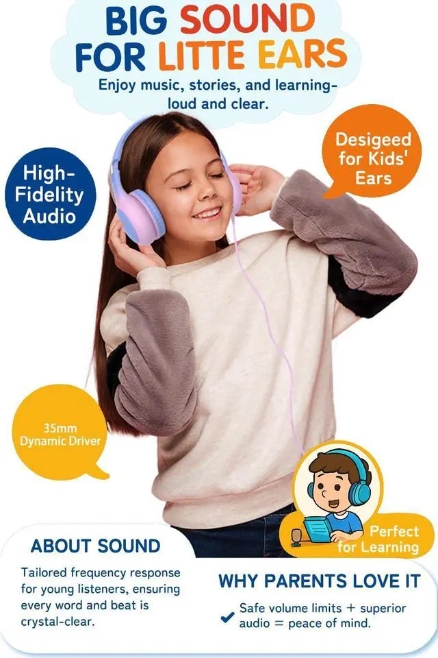 Alt view image 3 of 5 - ADOOPE Wired Kids Headphones with USB C Plug, 85dB Volume Limiting Safe Hearing Protection, Adjustable Headband, Tangle-Free Cord Headphones for School, Tablet, Travel(Gradient Blue)