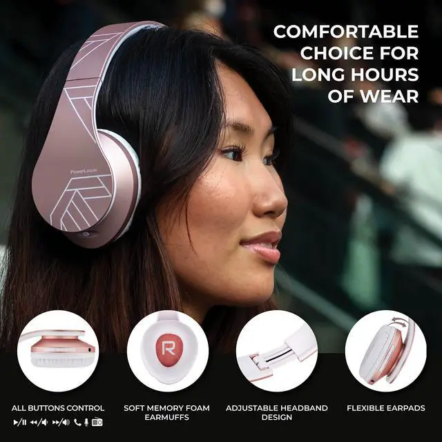 Alt view image 2 of 5 - PowerLocus Bluetooth Over-Ear Headphones, Wireless Stereo Foldable Headphones Wireless and Wired Headsets with Built-in Mic, Micro SD/TF, FM for iPhone/Samsung/iPad/PC (Rose Gold)