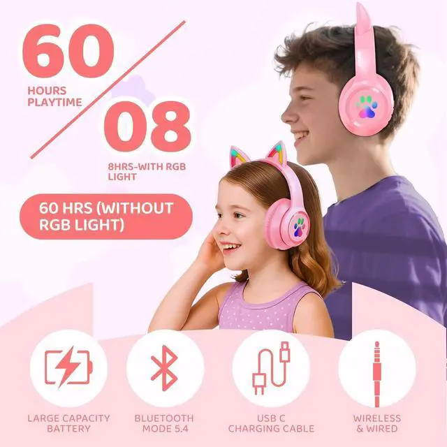 Alt view image 2 of 5 - MIDOLA Kids Headphones Cat Ear Wireless Bluetooth 5.3 60H Over Ear, 8H with Led Light Foldable Headset with Aux 3.5mm Mic for Travel Pad Tablet Pink