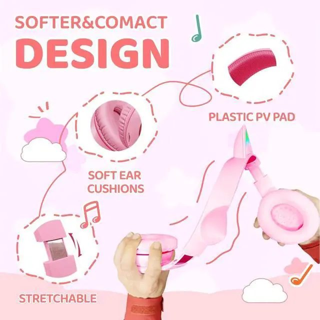 Alt view image 5 of 5 - MIDOLA Kids Headphones Cat Ear Wireless Bluetooth 5.3 60H Over Ear, 8H with Led Light Foldable Headset with Aux 3.5mm Mic for Travel Pad Tablet Pink