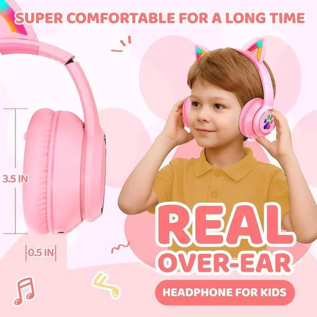 Alt view image 3 of 5 - MIDOLA Kids Headphones Cat Ear Wireless Bluetooth 5.3 60H Over Ear, 8H with Led Light Foldable Headset with Aux 3.5mm Mic for Travel Pad Tablet Pink