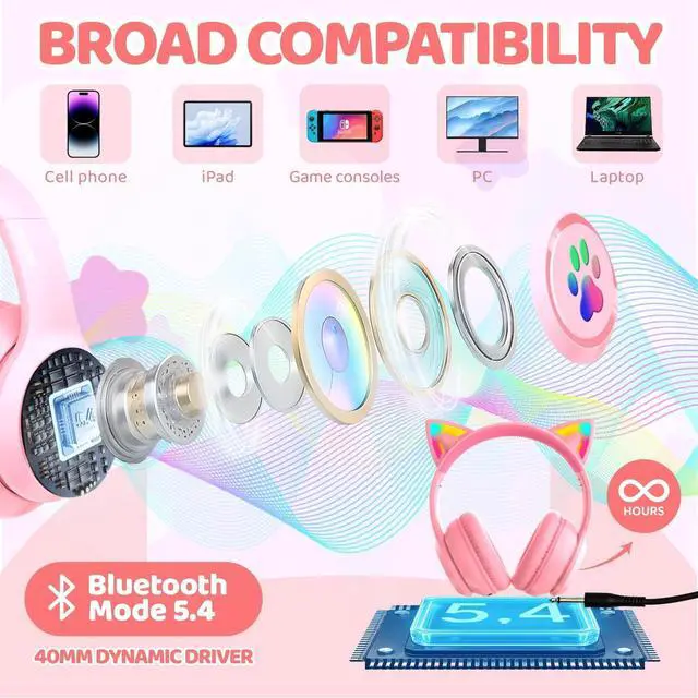 Alt view image 4 of 5 - MIDOLA Kids Headphones Cat Ear Wireless Bluetooth 5.3 60H Over Ear, 8H with Led Light Foldable Headset with Aux 3.5mm Mic for Travel Pad Tablet Pink
