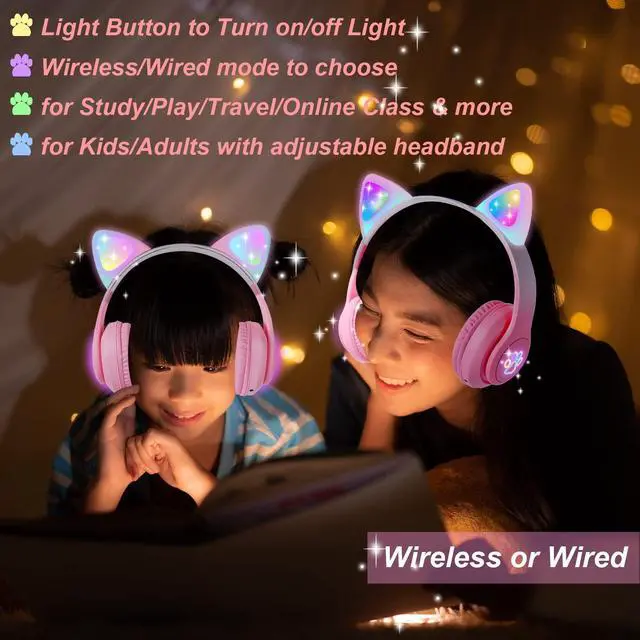 Alt view image 2 of 5 - KORABA Cat Ear Kids Headphones Bluetooth, LED Light up Wireless/Wired Mode Over Ear Headphones with Build in Microphone for School/Travel (Pink)