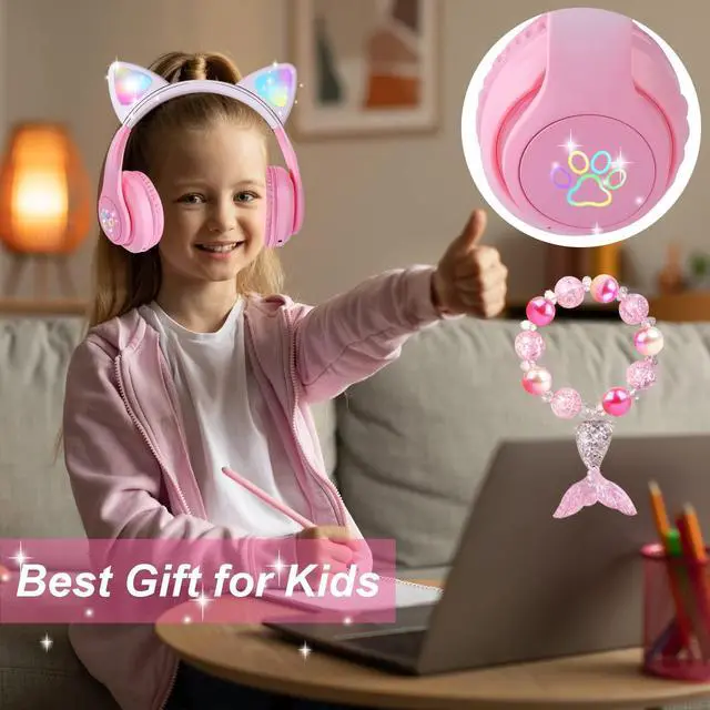 Alt view image 3 of 5 - KORABA Cat Ear Kids Headphones Bluetooth, LED Light up Wireless/Wired Mode Over Ear Headphones with Build in Microphone for School/Travel (Pink)
