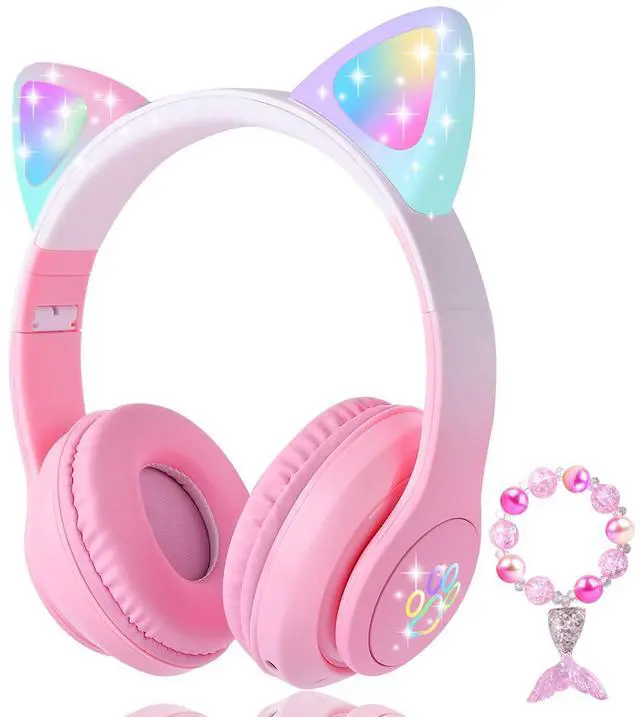Main image of KORABA Cat Ear Kids Headphones Bluetooth, LED Light up Wireless/Wired Mode Over Ear Headphones with Build in Microphone for School/Travel (Pink)