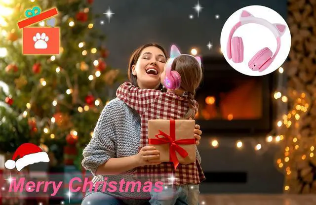 Alt view image 4 of 5 - KORABA Cat Ear Kids Headphones Bluetooth, LED Light up Wireless/Wired Mode Over Ear Headphones with Build in Microphone for School/Travel (Pink)