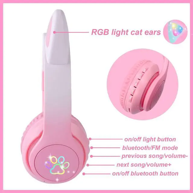 Alt view image 5 of 5 - KORABA Cat Ear Kids Headphones Bluetooth, LED Light up Wireless/Wired Mode Over Ear Headphones with Build in Microphone for School/Travel (Pink)