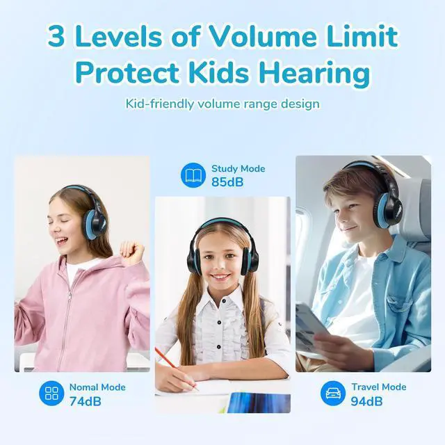 Alt view image 2 of 5 - EarFun K4 Kids Bluetooth Headphones, Wireless Headphones with LED Lights, 74/85/94dBA Volume Limited, Built-in Mic, 90H Playtime, Bluetooth 5.4 Over Ear Headphone for iPad/Tablet/School, Dark Black