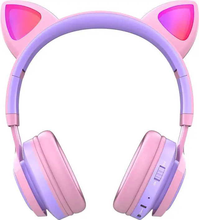 Alt view image 2 of 5 - Riwbox Kids Headphones, CT-7S Cat Ear Bluetooth Headphones with LED Light, 85dB Volume Limiting, Over Ear with Microphone for Laptop/PC/TV (Pink&Purple)