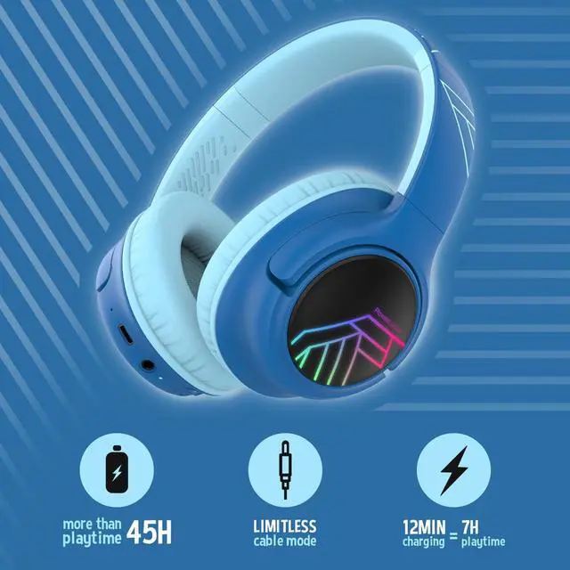 Alt view image 2 of 5 - PowerLocus Kids Wireless Headphones, Bluetooth Kids Headphones LED Lights Over Ear with 74/85/94dB Volume Limited, 45H Playtime,Built-in Mic, Two Device Share Mode, HD Stereo for Travel/PC/Tablet
