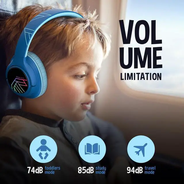 Alt view image 4 of 5 - PowerLocus Kids Wireless Headphones, Bluetooth Kids Headphones LED Lights Over Ear with 74/85/94dB Volume Limited, 45H Playtime,Built-in Mic, Two Device Share Mode, HD Stereo for Travel/PC/Tablet