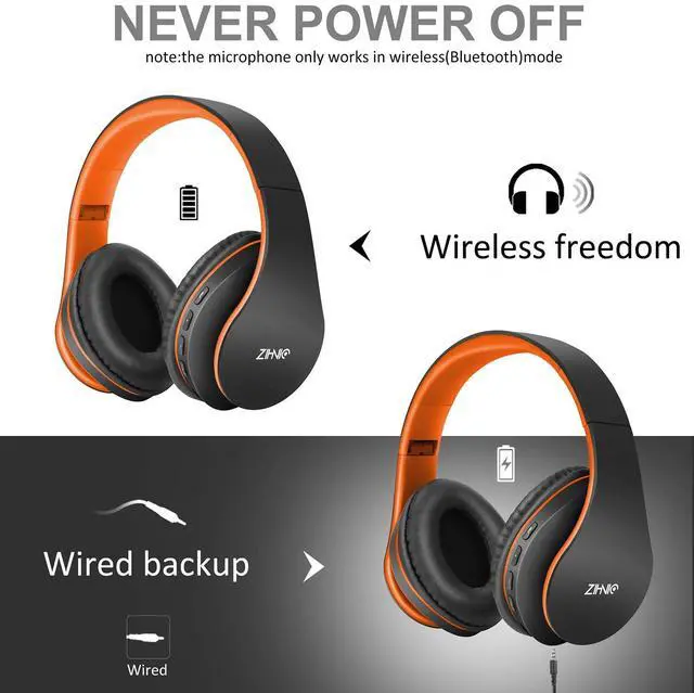 Alt view image 3 of 5 - ZIHNIC Bluetooth Headphones Over-Ear, Foldable Wireless and Wired Stereo Headset Micro SD/TF, FM for Cell Phone,PC,Soft Earmuffs &Light Weight for Prolonged Wearing(Black/Orange)