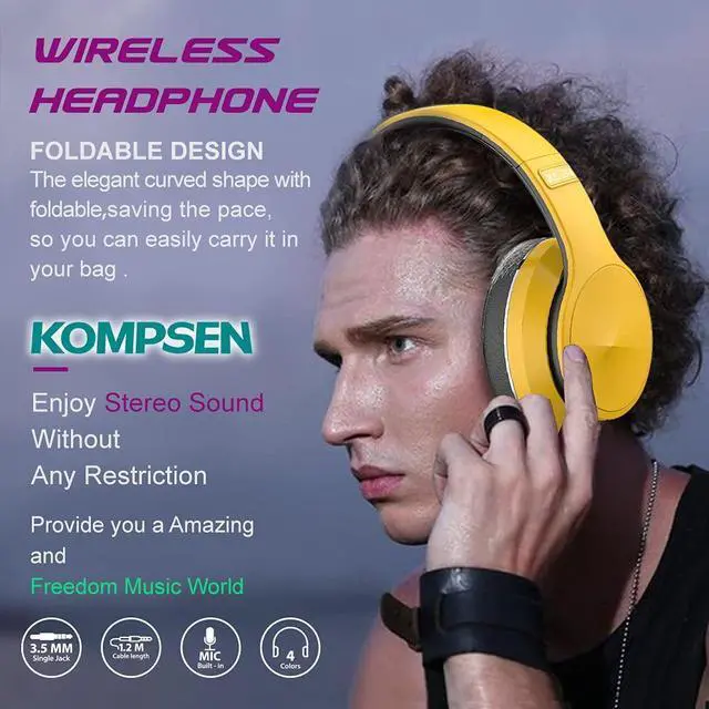 Alt view image 2 of 5 - KOMPSEN Adult Noise Cancelling Headphones, Foldable Over Ear Wireless Bluetooth Headphones with Microphone Deep Bass for Cellphone PC Class Game Office Home Travel-Yellow