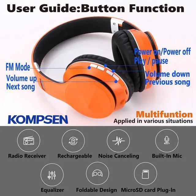Alt view image 5 of 5 - KOMPSEN Adult Noise Cancelling Headphones, Foldable Over Ear Wireless Bluetooth Headphones with Microphone Deep Bass for Cellphone PC Class Game Office Home Travel-Yellow