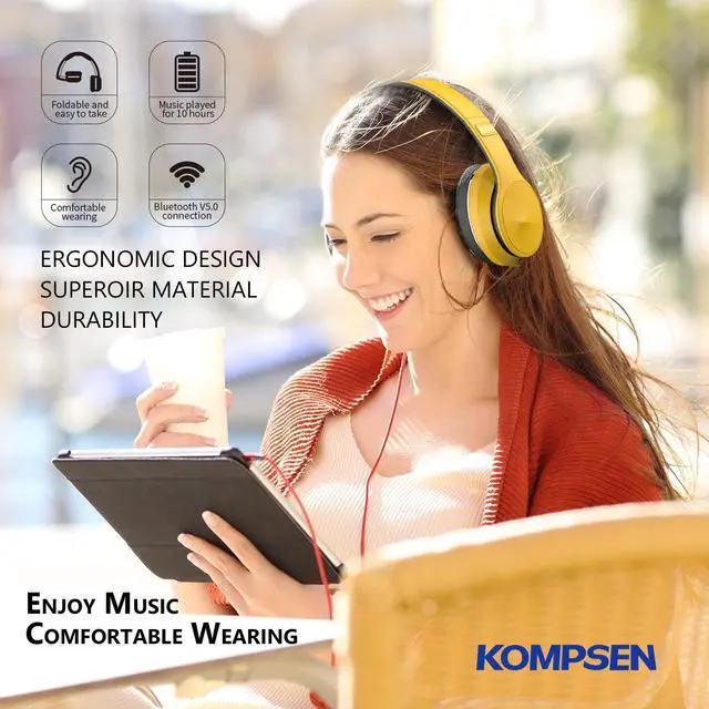 Alt view image 4 of 5 - KOMPSEN Adult Noise Cancelling Headphones, Foldable Over Ear Wireless Bluetooth Headphones with Microphone Deep Bass for Cellphone PC Class Game Office Home Travel-Yellow