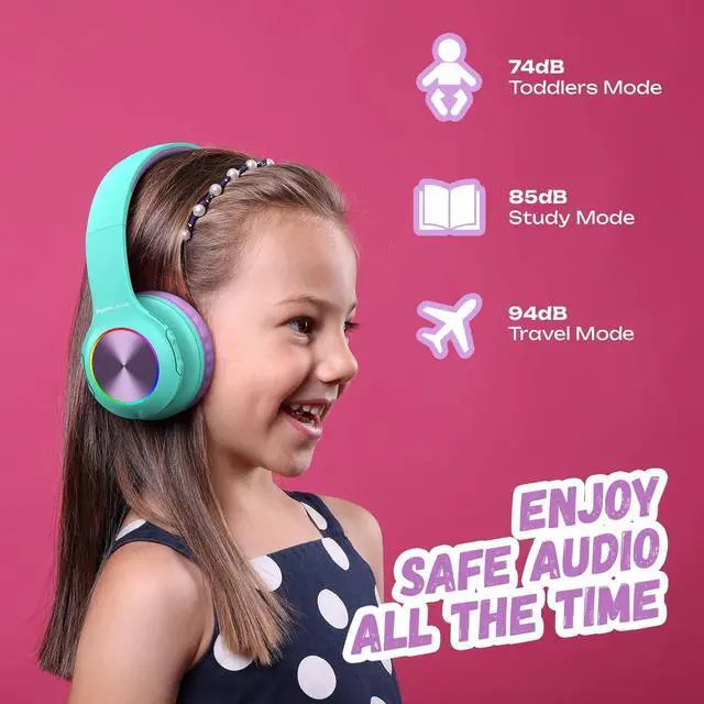 Alt view image 2 of 5 - PowerLocus PLED Kids Bluetooth Headphones, Kids Wireless Headphones with LED Lights, 74/85/94dB Safe Volume, Micro SD, AUX Cable, Hi-Fi Stereo, Built-in Mic Over Ear Kid Headphone for Travel/Tablet/PC