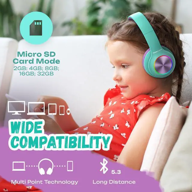 Alt view image 5 of 5 - PowerLocus PLED Kids Bluetooth Headphones, Kids Wireless Headphones with LED Lights, 74/85/94dB Safe Volume, Micro SD, AUX Cable, Hi-Fi Stereo, Built-in Mic Over Ear Kid Headphone for Travel/Tablet/PC