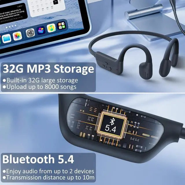 Alt view image 5 of 5 - KOPIDOE Swimming Headphones, IP68 Waterproof Bone Conduction Headphones with 32GB Memory, Bluetooth 5.4 Open Earphones, Wireless Underwater Earbuds for Swimming, Running, Sports(Grey)