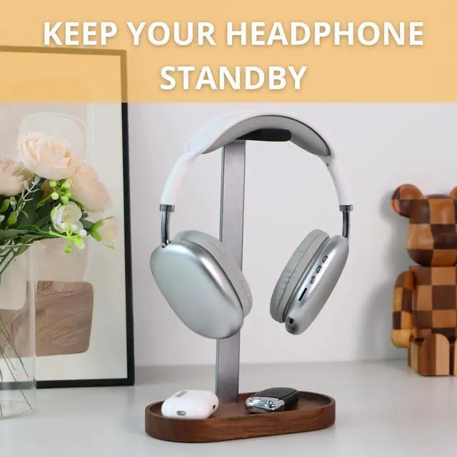 Alt view image 2 of 5 - muso wood Headphone Stand & Desktop Headset Holder | Space-Saving Premium Solid Wood Storage Base for Gaming Headsets, AirPods Max, VR Gear - Modern Desktop/Workspace Essential