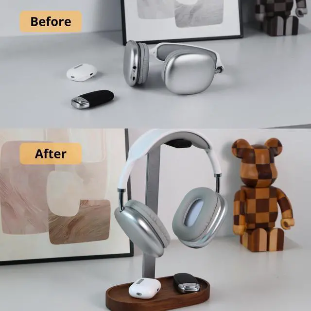 Alt view image 3 of 5 - muso wood Headphone Stand & Desktop Headset Holder | Space-Saving Premium Solid Wood Storage Base for Gaming Headsets, AirPods Max, VR Gear - Modern Desktop/Workspace Essential
