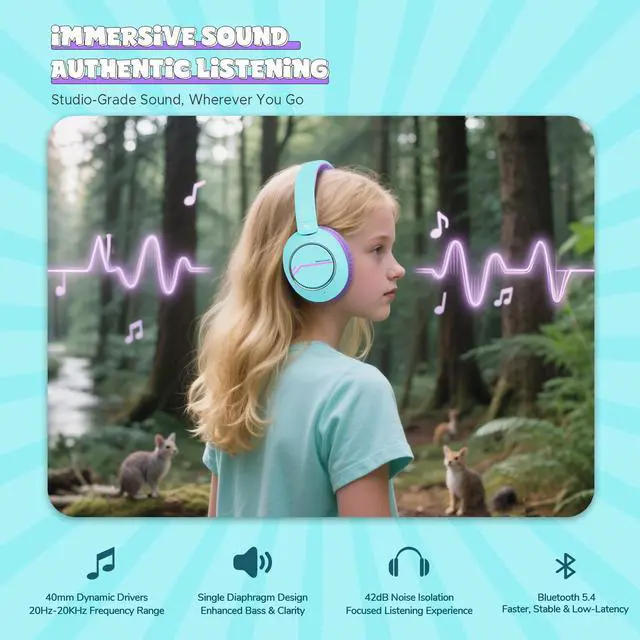 Alt view image 3 of 5 - Steellumen Nova1Pro Kids Wireless Active Noise Cancelling Headphones, Bluetooth 5.4, 40H Playtime, Volume Limited 75/85/94dB, Type-C Fast Charging, Mic, Foldable for School/Travel/Airplane, Green