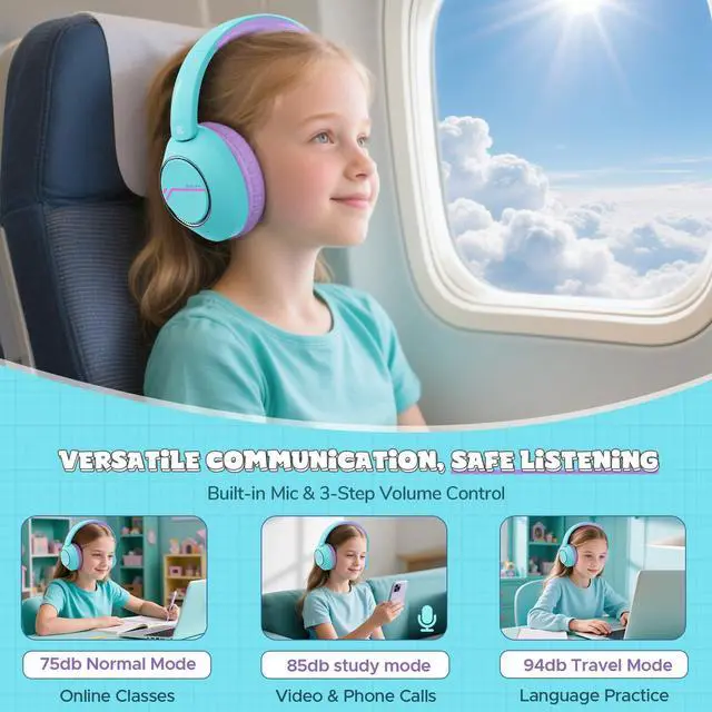 Alt view image 4 of 5 - Steellumen Nova1Pro Kids Wireless Active Noise Cancelling Headphones, Bluetooth 5.4, 40H Playtime, Volume Limited 75/85/94dB, Type-C Fast Charging, Mic, Foldable for School/Travel/Airplane, Green
