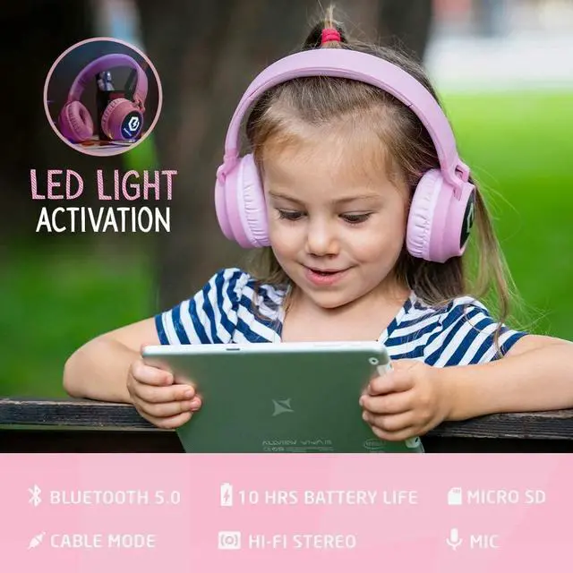 Alt view image 2 of 5 - PowerLocus Kids Bluetooth Headphones, Wireless LED Over Ear, Foldable Mic Volume Limited, Wired/Bluetooth for Phones, Tablets, Laptops