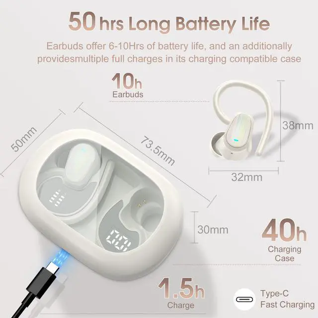 Alt view image 3 of 5 - OYIB Wireless Earbuds Bluetooth 5.4 Headphones Sport, Stereo Deep Bass Bluetooth Earbuds with Earhooks, 50H Over Ear Bud with ENC Mic, IP7 Waterproof Wireless Earphone for Workout/Running, Cream White