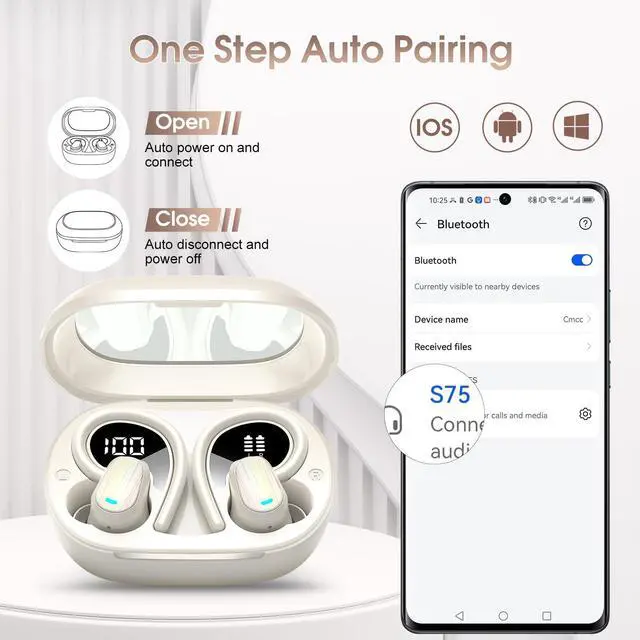 Alt view image 5 of 5 - OYIB Wireless Earbuds Bluetooth 5.4 Headphones Sport, Stereo Deep Bass Bluetooth Earbuds with Earhooks, 50H Over Ear Bud with ENC Mic, IP7 Waterproof Wireless Earphone for Workout/Running, Cream White