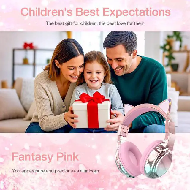 Alt view image 2 of 5 - QearFun Kids Cat Ear Bluetooth Headphones, 60H Playtime, 3-Level 74/85/94dB Safe Volume Limit, Wireless Headset with Mic for Girls, Bluetooth 5.3, Foldable for School/Travel/Tablet - Pink