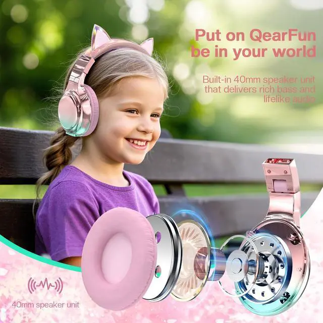 Alt view image 3 of 5 - QearFun Kids Cat Ear Bluetooth Headphones, 60H Playtime, 3-Level 74/85/94dB Safe Volume Limit, Wireless Headset with Mic for Girls, Bluetooth 5.3, Foldable for School/Travel/Tablet - Pink